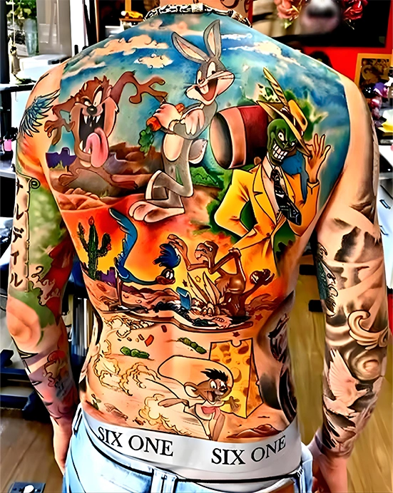 90s cartoon tattoo on men back