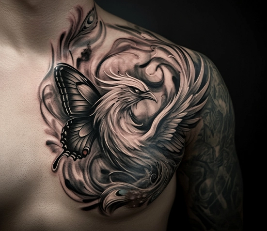 black and grey eagle tattoo on men half chest