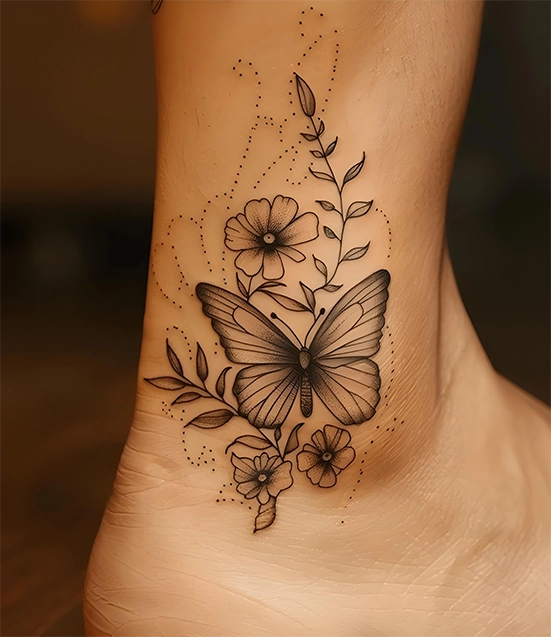 butterfly fine line tattoo at ankle