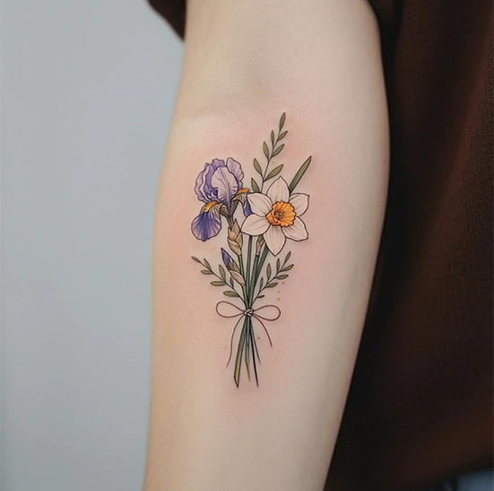 colorful fine line flower tattoo