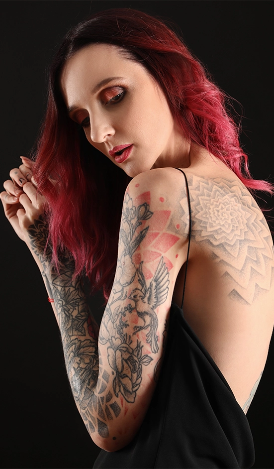 combining style tattoo, full sleeve tattoo girl