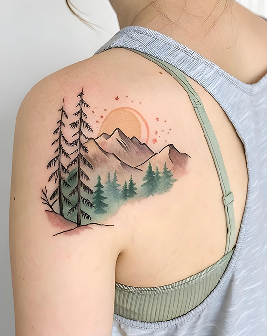 nature tattoo on women shoulder back