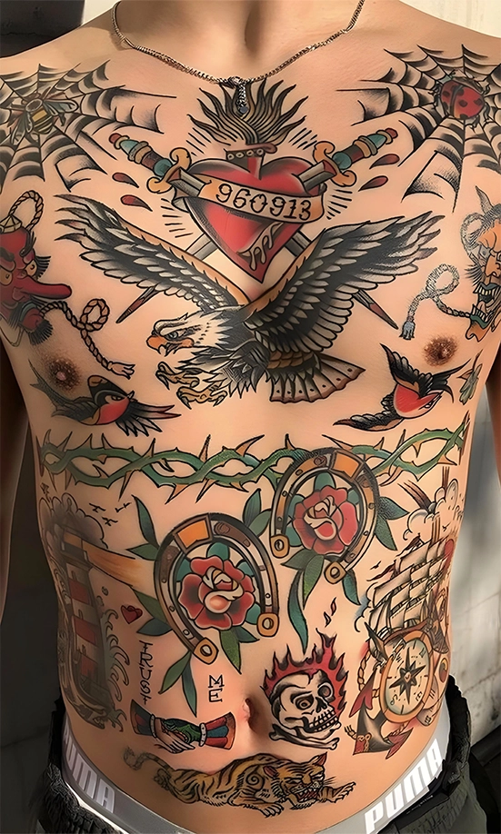 sailor jerry style tattoo on men body