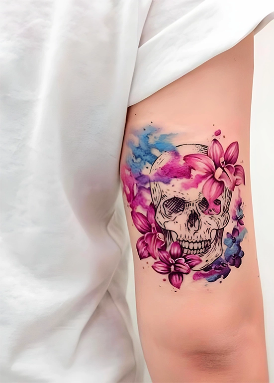 skull and flowers tattoo