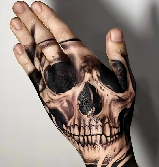 skull and on hand tattoo