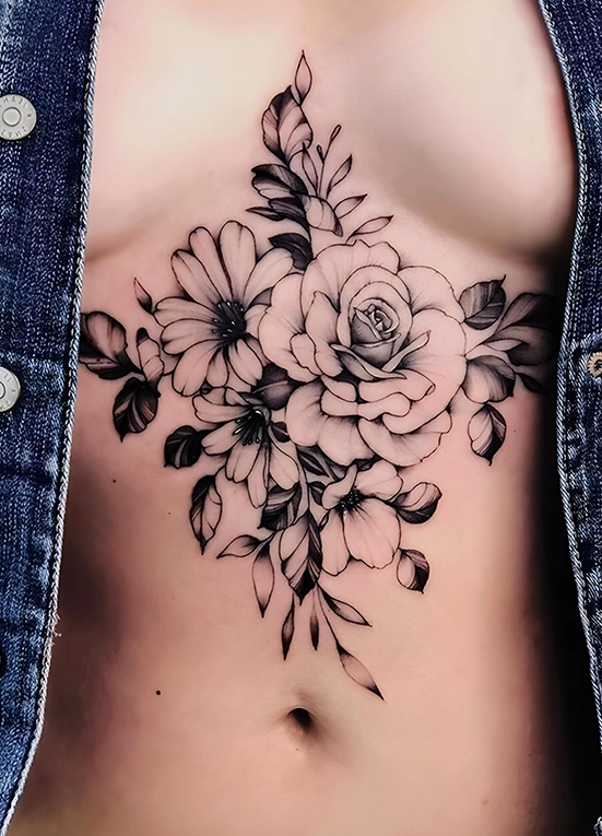 sternum floral design tattoo